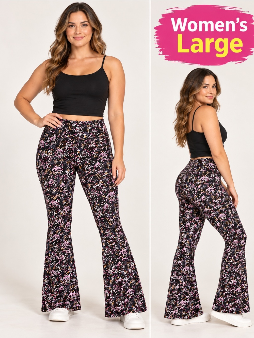 No Boundaries Black Floral Flare Leggings with Pink and Cream Print LARGE